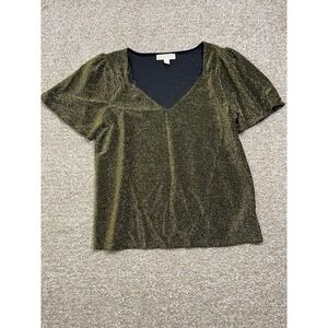 Michael Kors Womens L Glitter Sparkle Gold‎ MK Short Sleeve T Shirt V-Neck